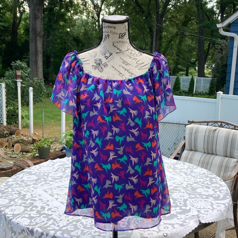 Attention Scoop Neck Off The Shoulder Peasant Blouse Purple Bird Print Large